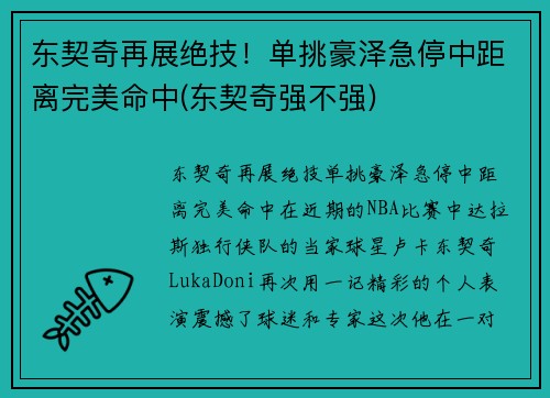 东契奇再展绝技！单挑豪泽急停中距离完美命中(东契奇强不强)