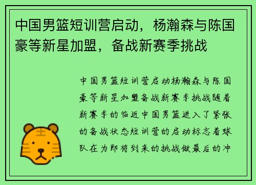 中国男篮短训营启动，杨瀚森与陈国豪等新星加盟，备战新赛季挑战