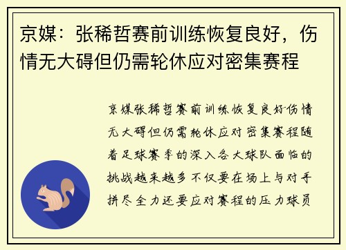 京媒：张稀哲赛前训练恢复良好，伤情无大碍但仍需轮休应对密集赛程
